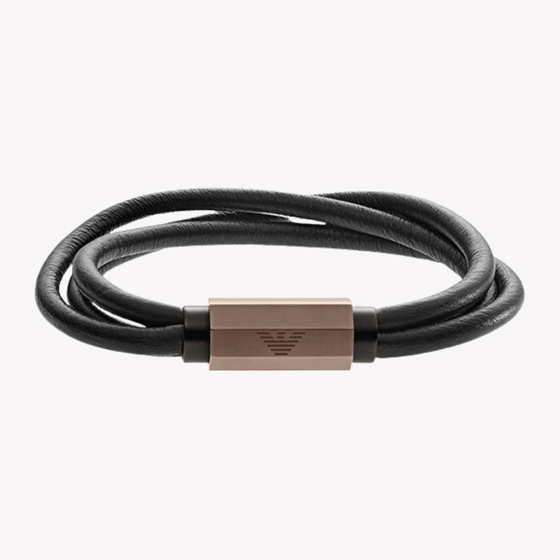 Emporio Armani Men's Black & Rose Gold Bracelet, Leather & Eagle Logo | EGS2434200