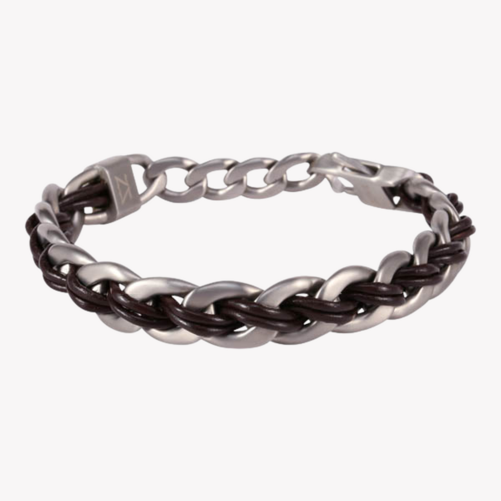 Zink Men's Silver & Brown Stainless Steel & Leather Bracelet | Zjbc008slbw