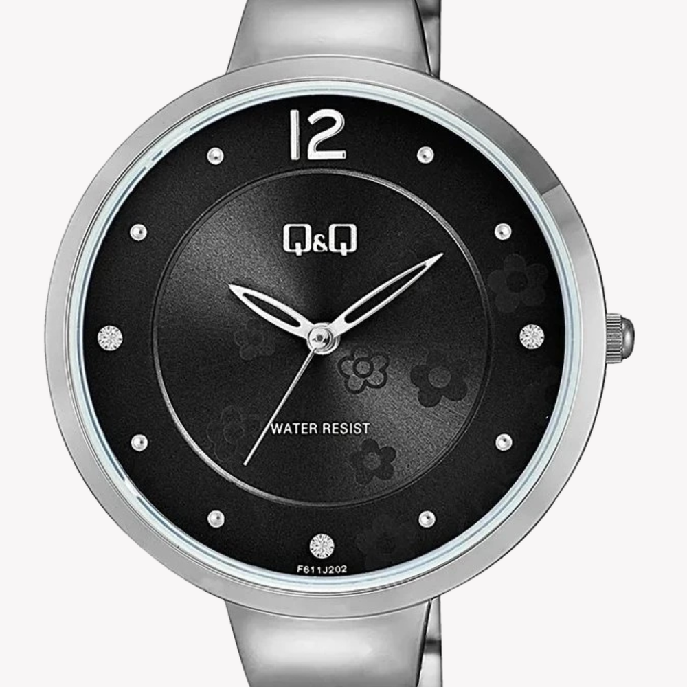Q&Q Women's Silver Watch, Black Dial | F611J202Y