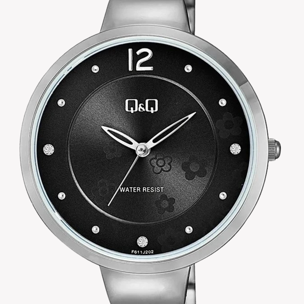 Q&Q Women's Silver Watch, Black Dial | F611J202Y