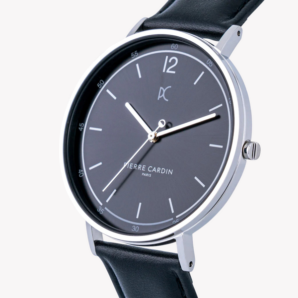 Pierre Cardin Men's Silver Stainless Steel, Black Leather | Cbn.3003
