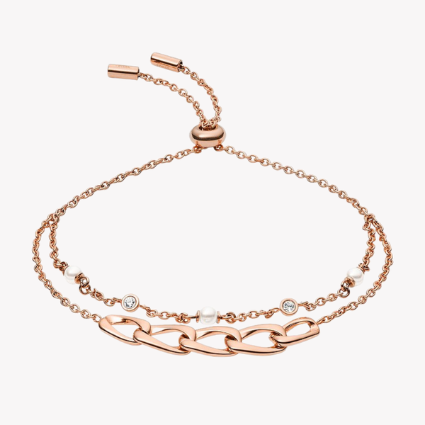 Fossil Women's Rose Gold-Tone Bracelet, Multi-Strand with Crystals & Pearls | JF03349791