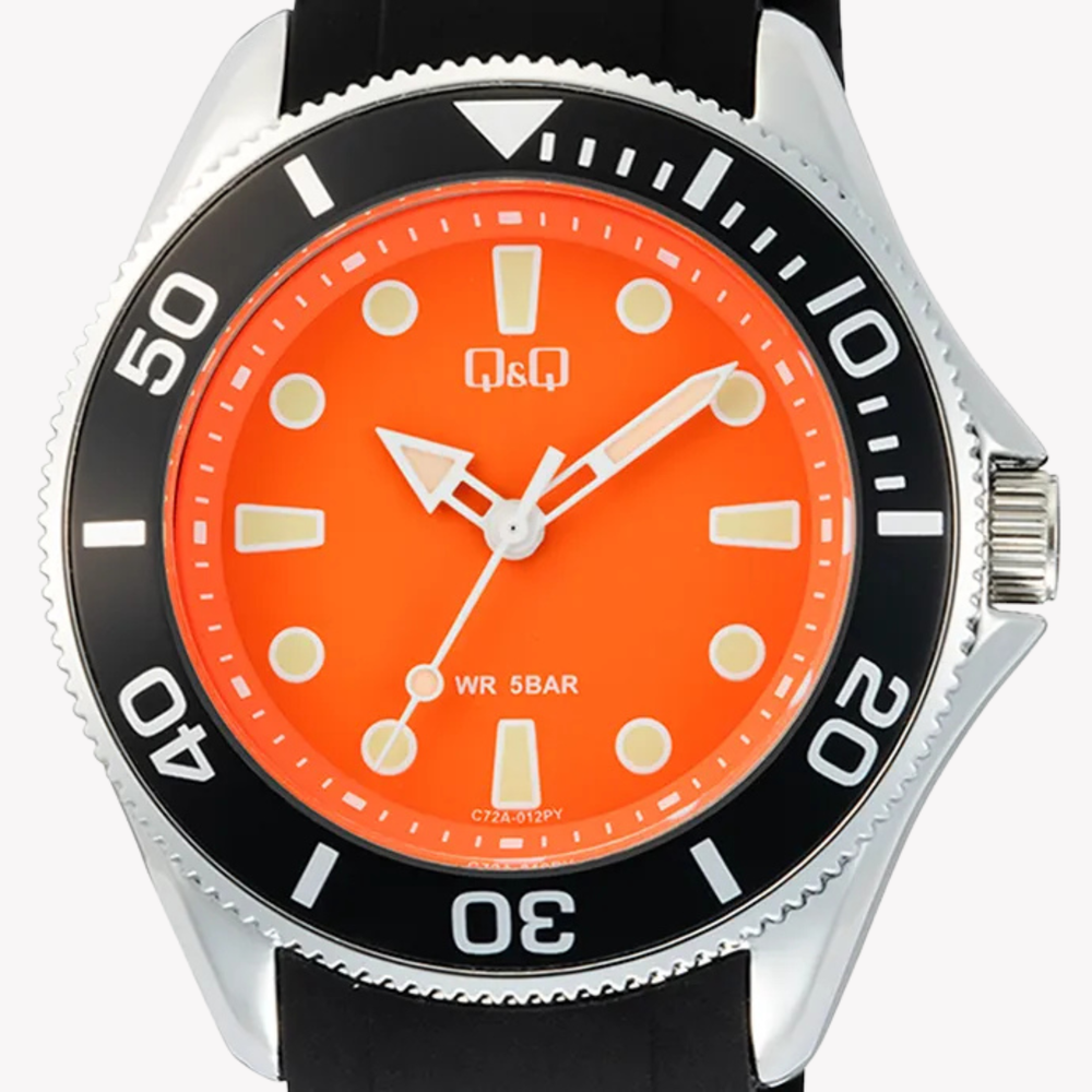 Q&Q Men's Black Watch, Orange Dial | C72A-012PY