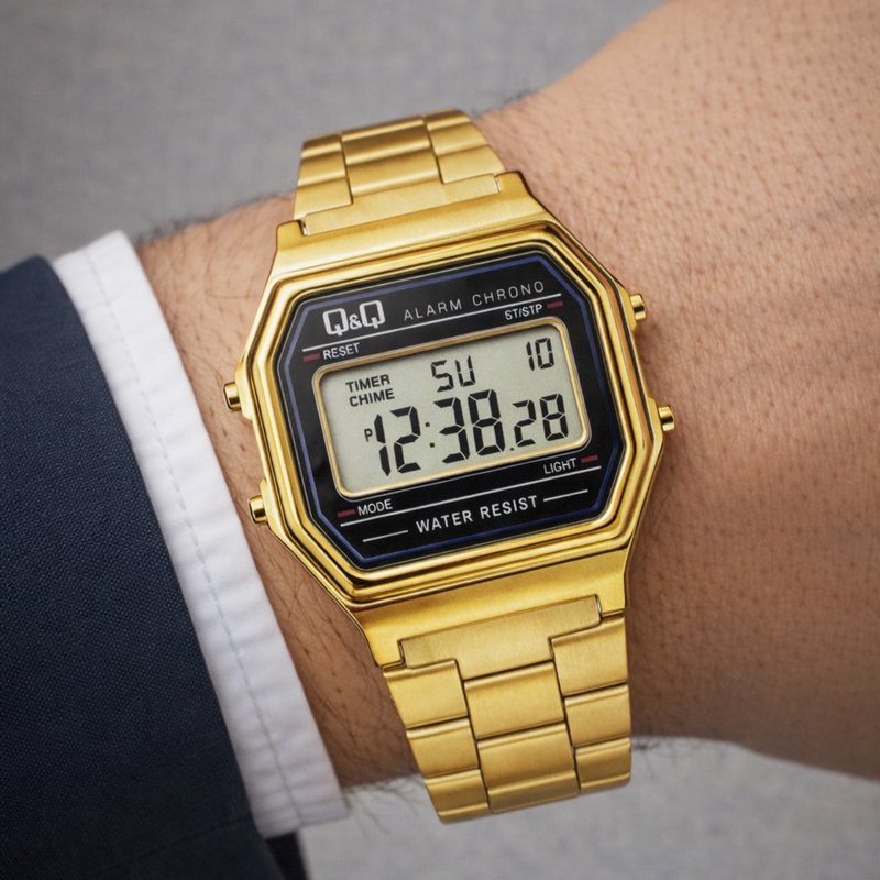 Q&Q Men's Gold Men's Watch, Black Digital Dial | M173J003Y