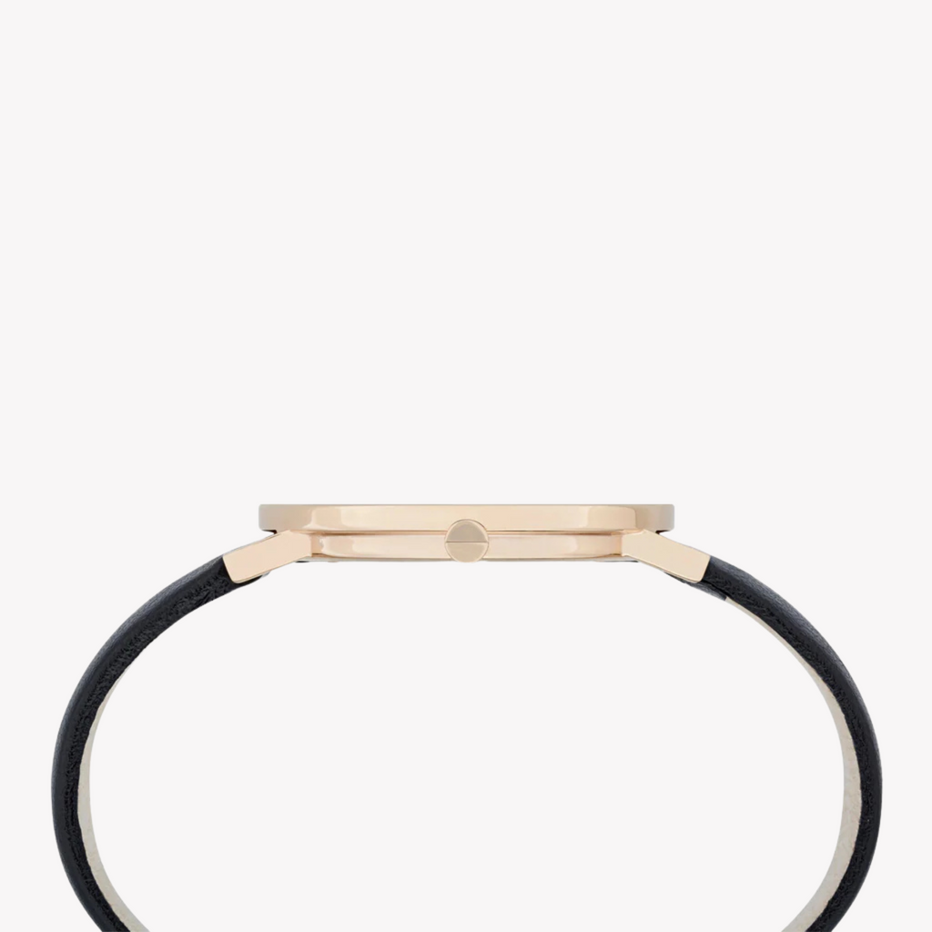 ساعة بيير كاردين للسيدات بهيكل من الستانلس ستيل باللون الذهبي الوردي وسوار من الجلد باللون الأسود