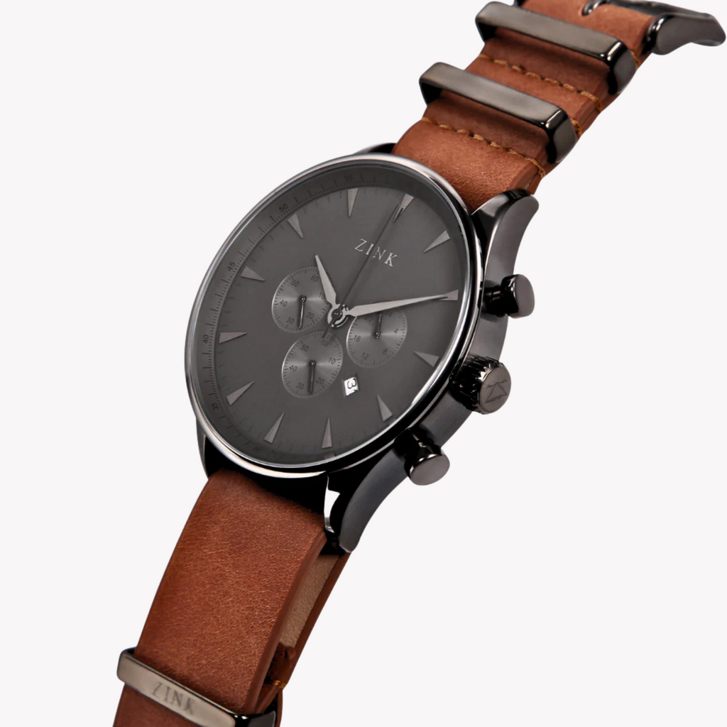 Zink Men's Stainless Steel Black Watch - Brown Leather | Zk127g2ls-22