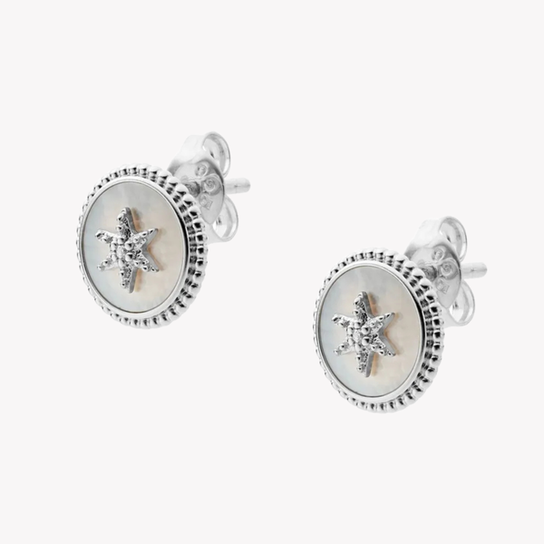 Fossil Women's Silver Stud Earrings, Mother of Pearl & Cubic Zirconia | JFS00500040