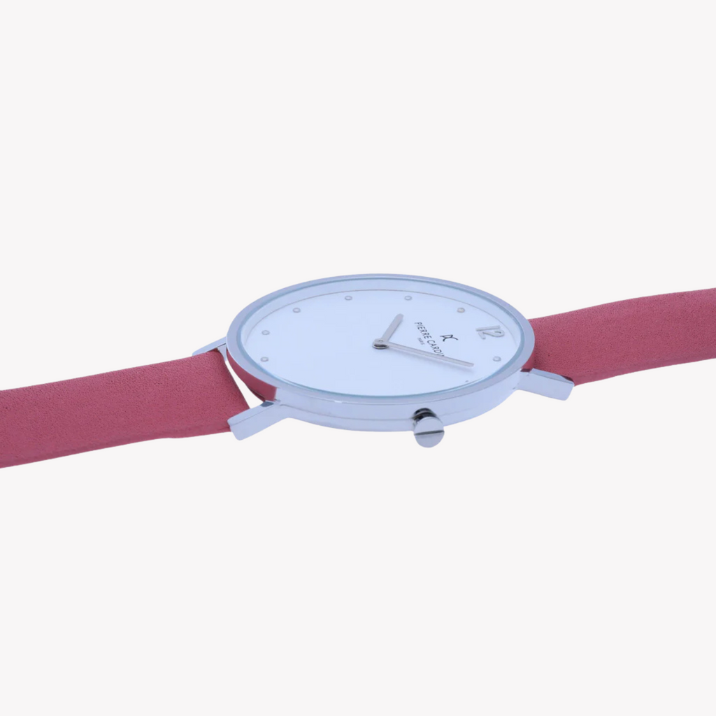 PIERRE CARDIN Damenuhr mit silbernem Edelstahlgehäuse und rosafarbenem Lederarmband