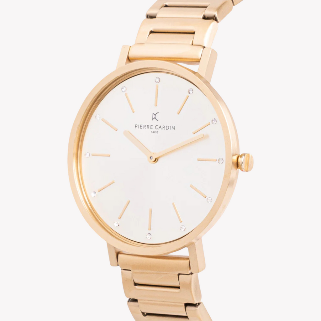 PIERRE CARDIN Damenuhr mit goldenem Metallgehäuse und goldenem Metallarmband