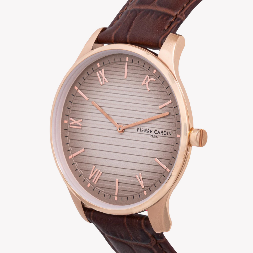 PIERRE CARDIN CBA.4021 MONTRE ÉLÉGANTE POUR HOMME EN OR ROSE - CADRAN LUXE BEIGE ET BANDE DE CUIR MARRON