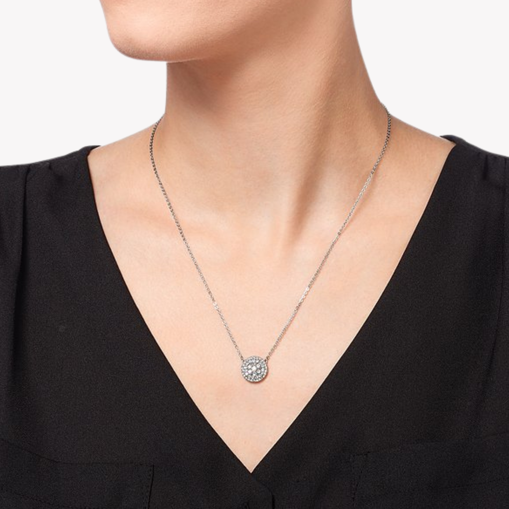Fossil Women's Silver Necklace, Crystal-Embellished Disc Pendant | JF00138040