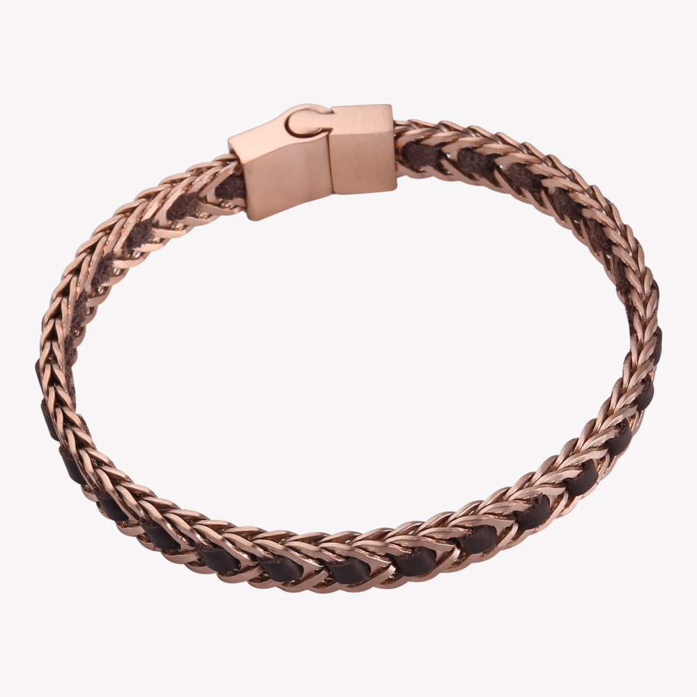 Zink Men's Brown & Rose Gold Stainless Steel & Leather Bracelet | Zjbc037108
