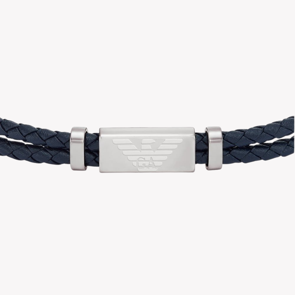Emporio Armani Men's Silver & Blue Bracelet, Logo Plaque | EGS2995040