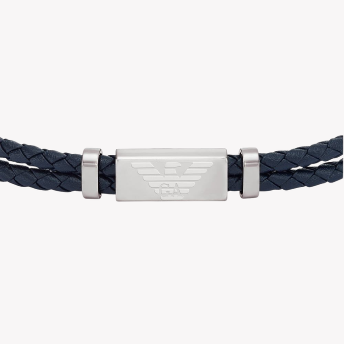 Emporio Armani Men's Silver & Blue Bracelet, Logo Plaque | EGS2995040