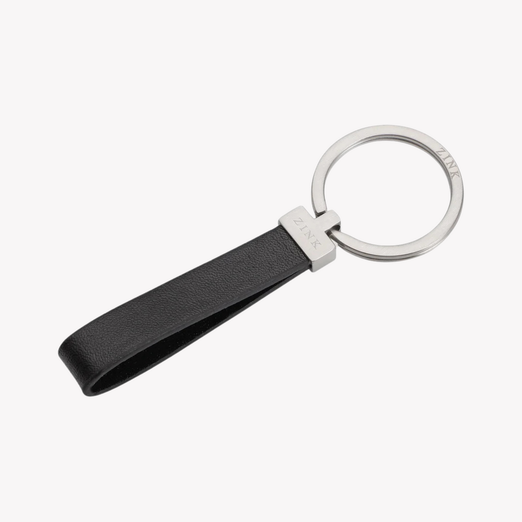 Zink Keychain - Silver & Black - Stainless Steel & Leather | Zjkc009b