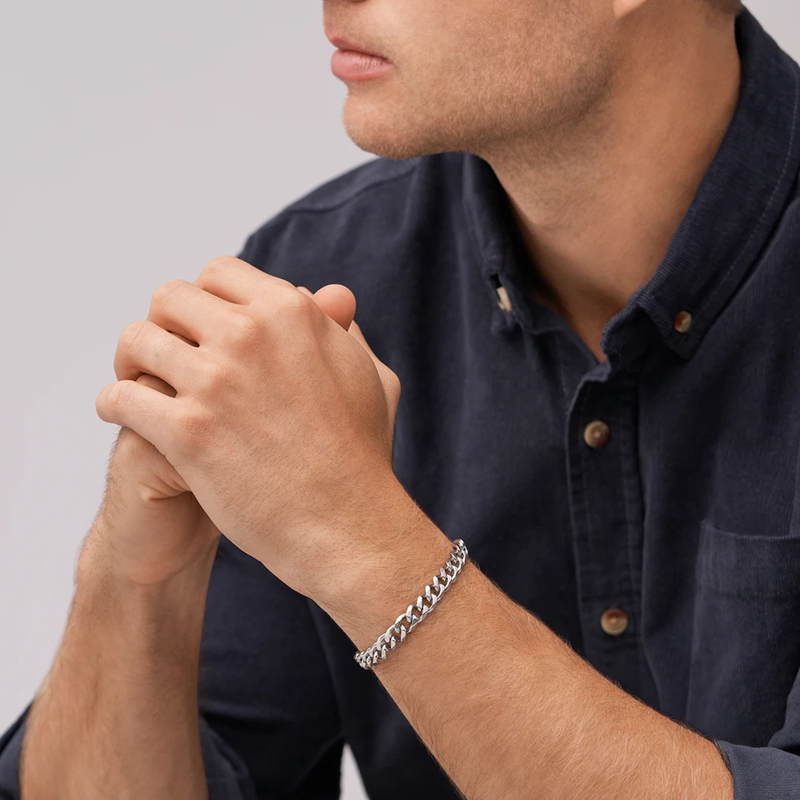 Fossil Men's Silver Bracelet, Flat Curb Chain | JF04615040