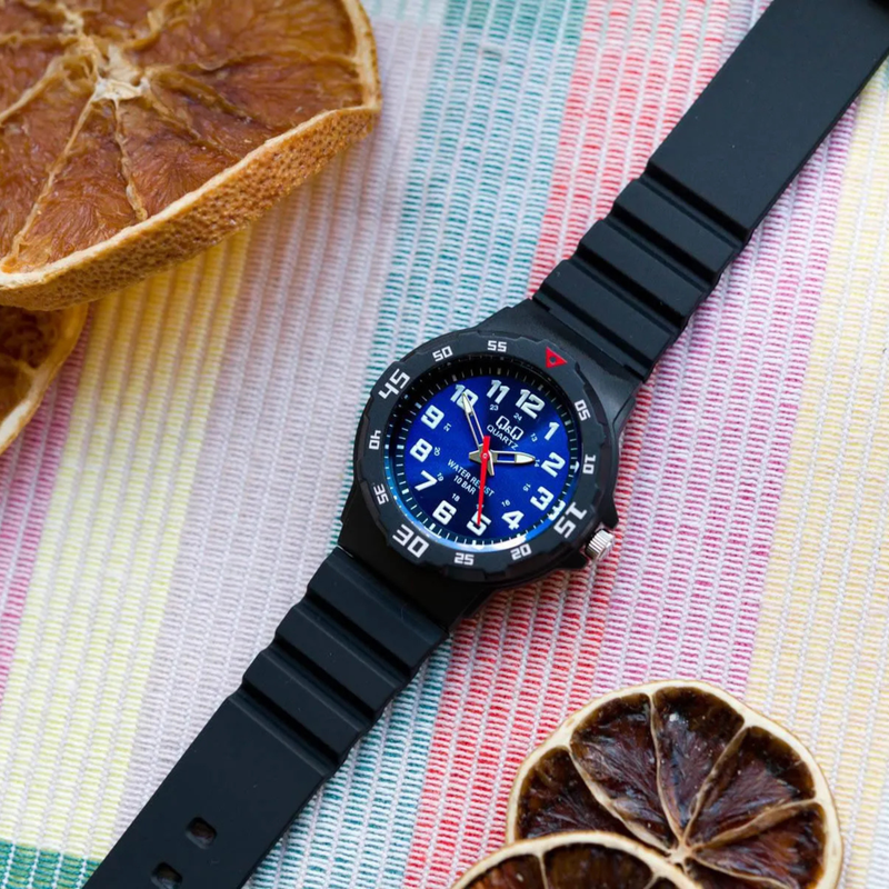 Q&Q Women's Black Watch, Blue Dial with Multi-Color Numerals | VR19J005Y