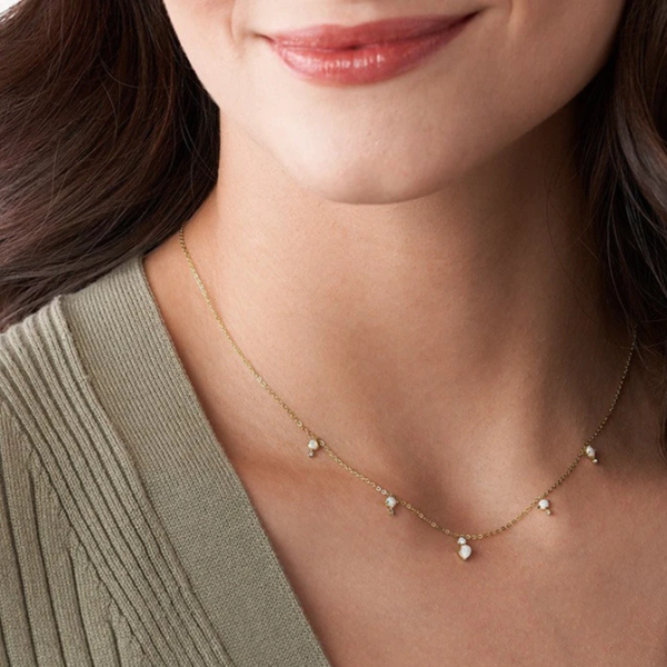 Fossil Women's Gold-Tone Necklace, White Opal & Crystal Accents | JF03880710