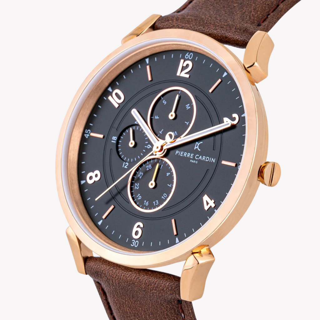 Pierre Cardin Men's Brown Leather Watch, Black Dial | Cpi.2072