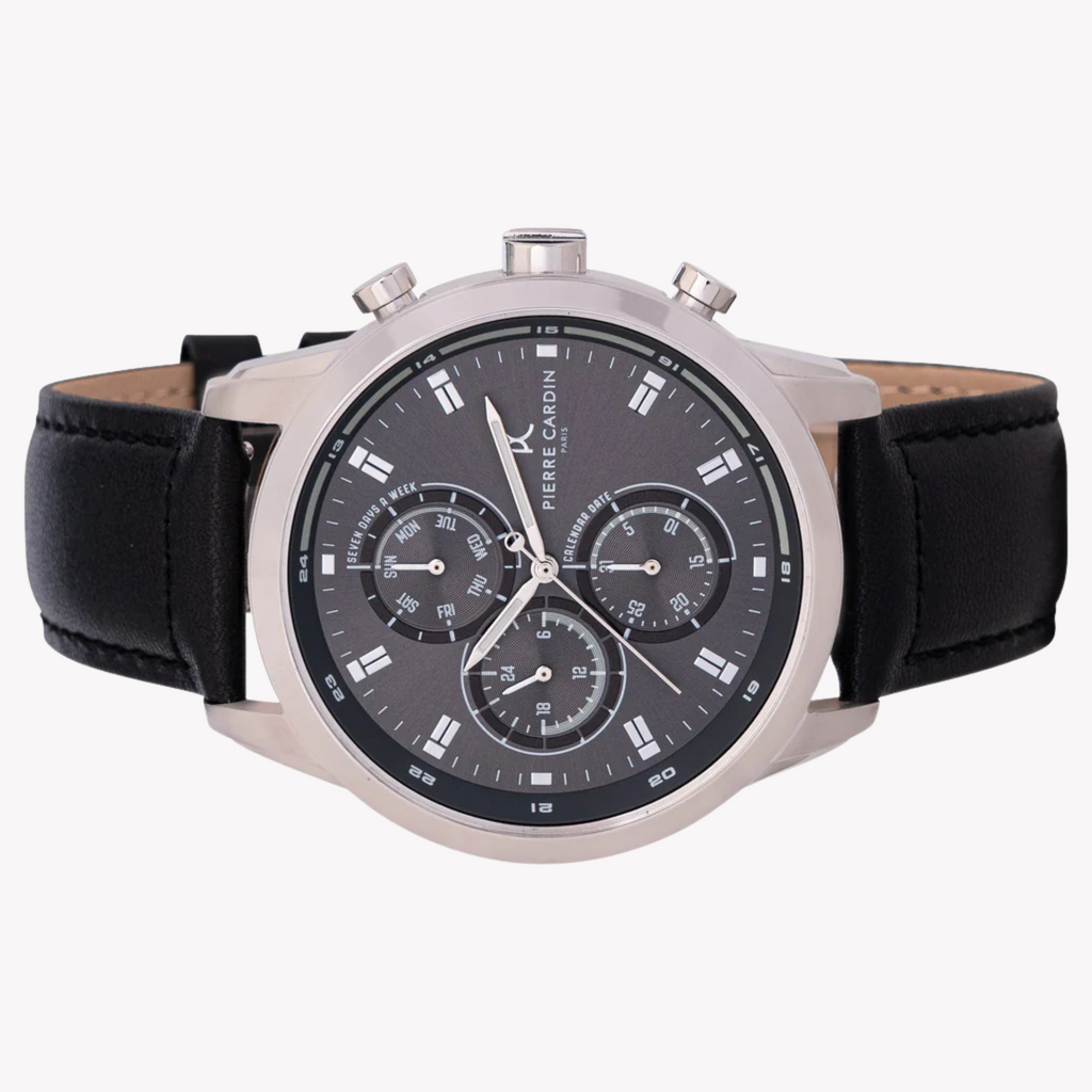 Pierre Cardin Men's Black Leather Watch, Silver Case | Ccp.5006