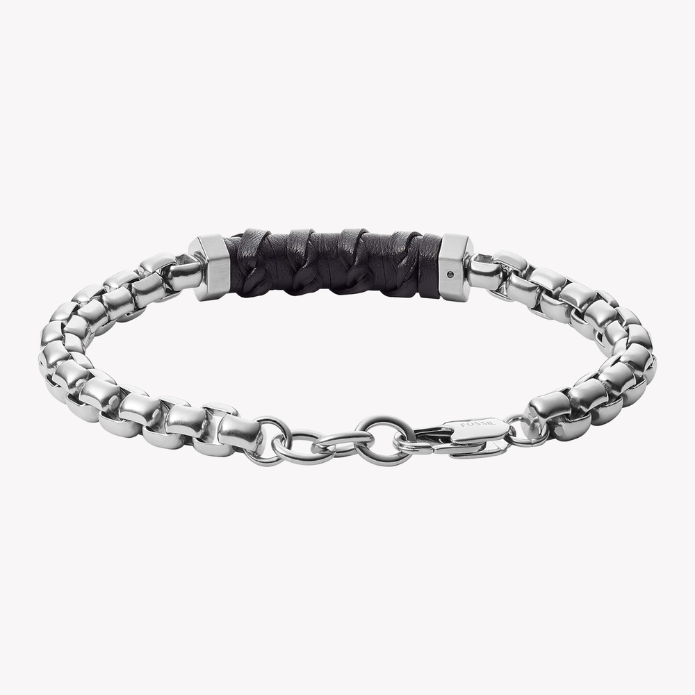 Fossil Men's Silver & Black Bracelet, Black Leather Accents | JF03631040