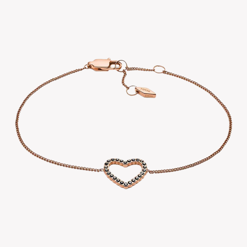 Fossil Women's Rose Gold-Tone Bracelet, Open Heart & Crystals | JF03257791