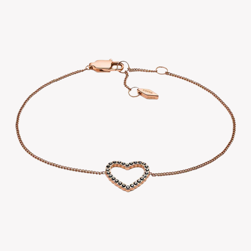 Fossil Women's Rose Gold-Tone Bracelet, Open Heart & Crystals | JF03257791