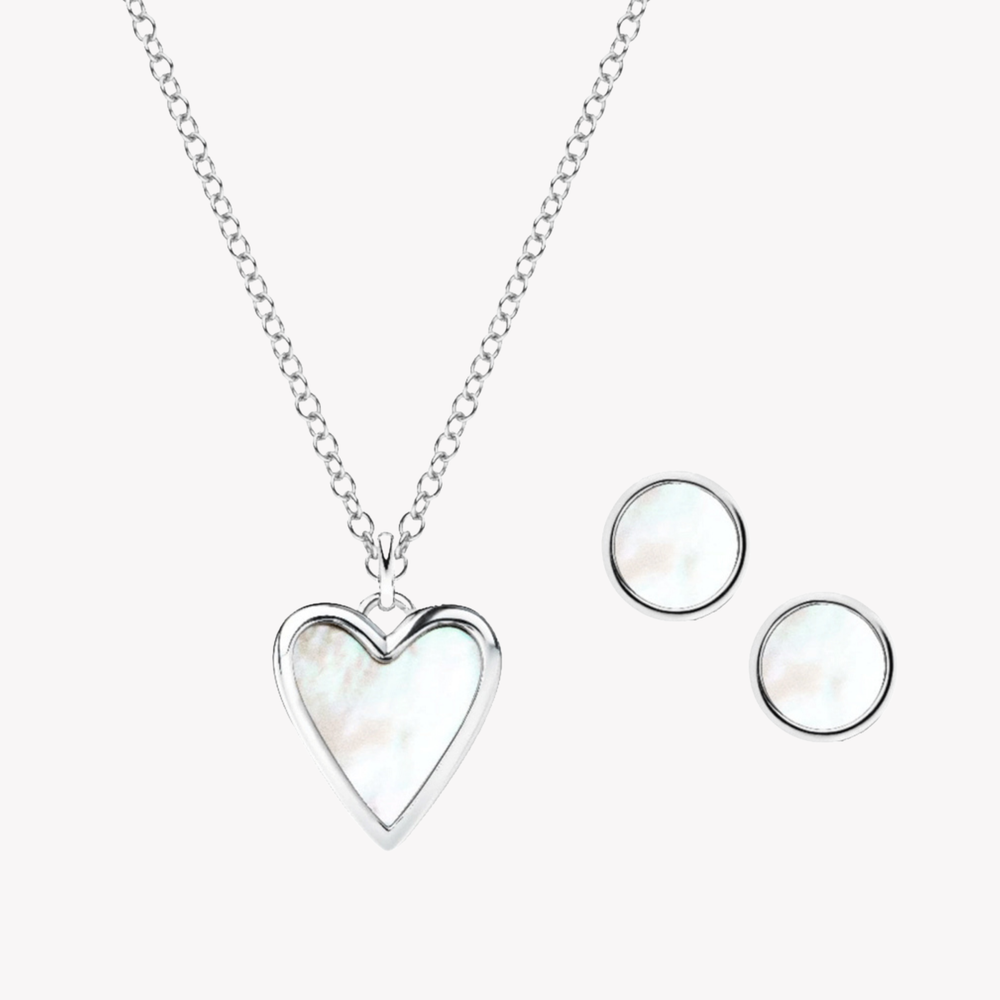 Fossil Women's Silver Necklace, Heart White Mother-of-Pearl Studs and Necklace Box Set | JF03165040