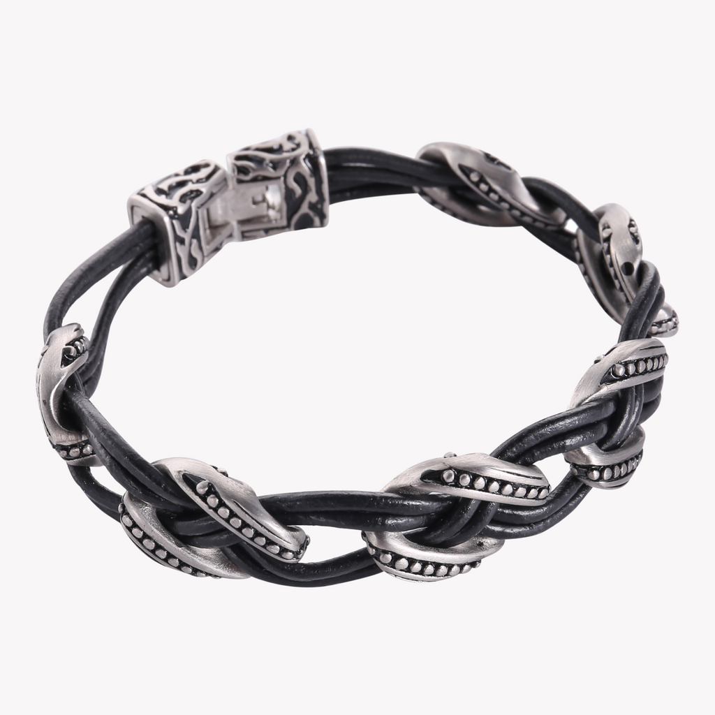 Zink Men's Black & Silver Stainless Steel & Leather Bracelet | Zjbc0383