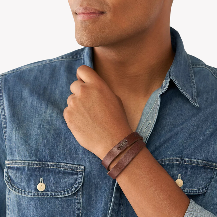Fossil Jewels Men's Brown Bracelet, Double Wrap Leather Strap | JF04127200