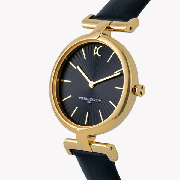 Pierre Cardin Women's Black Leather Watch, Gold Case | Cmd.3504