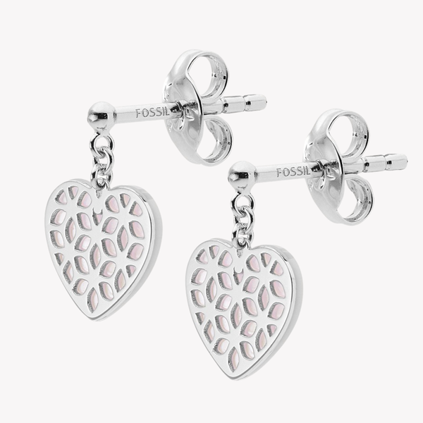 Fossil Women's Silver Earrings, Mother Of Pearl Heart Cut Out | JFS00489040