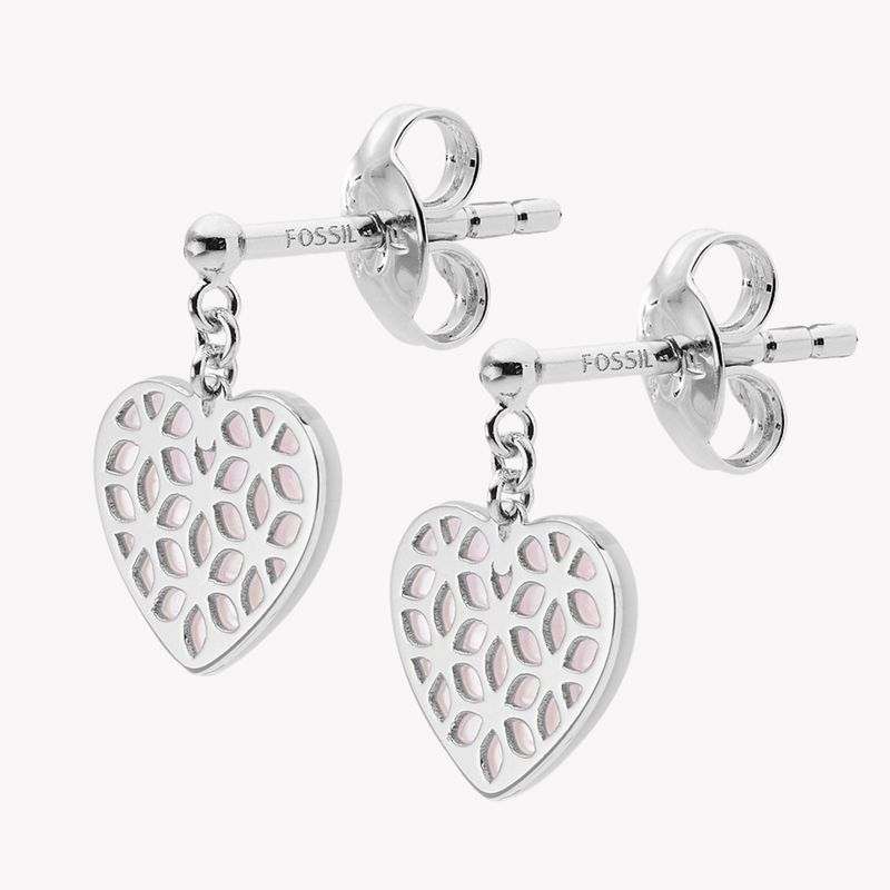 Fossil Women's Silver Earrings, Mother Of Pearl Heart Cut Out | JFS00489040