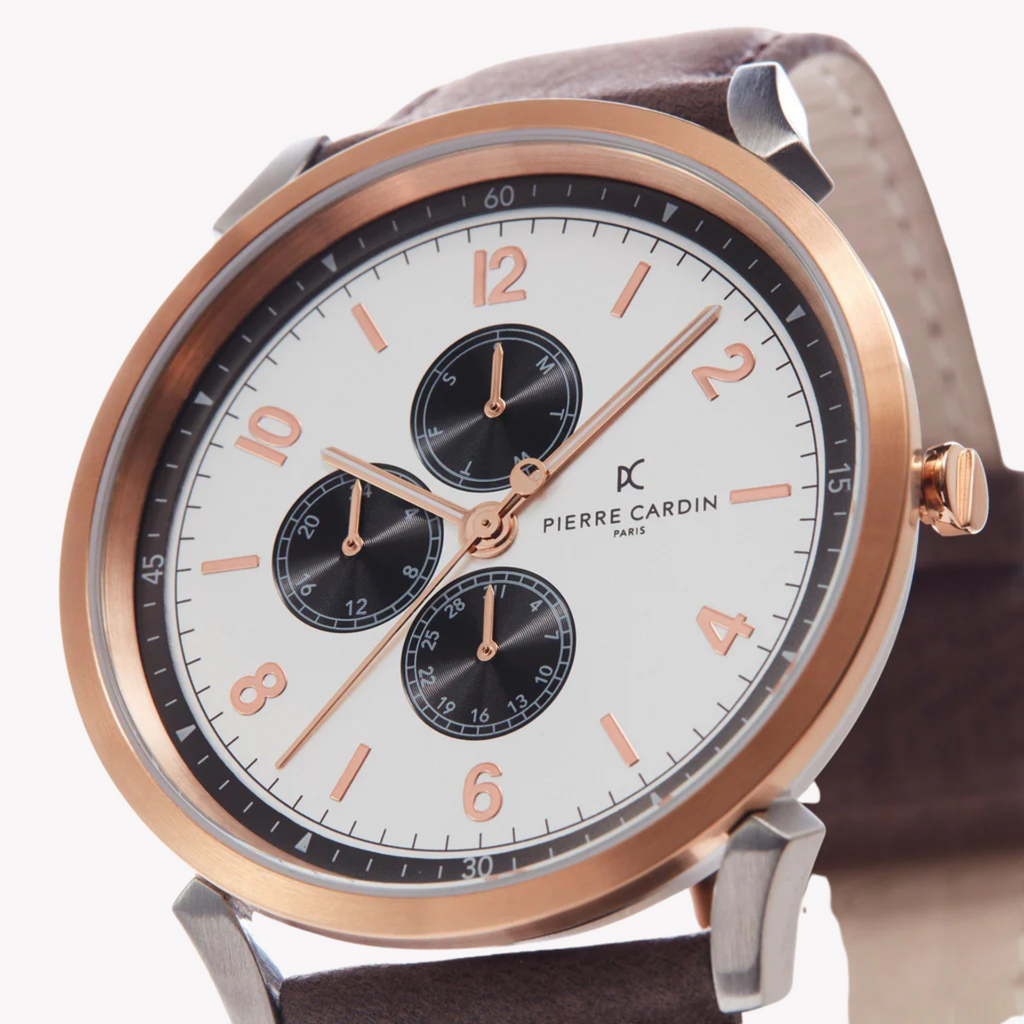 ساعة بيير كاردان الأنيقة - ساعة رجالية دائرية بمينا فضي وذهبي وردي