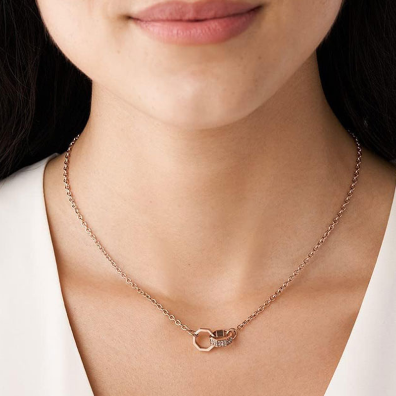 Emporio Armani Women's Rose Gold Stainless Steel Necklace, Crystal Octagon Pendant | EGS2891221