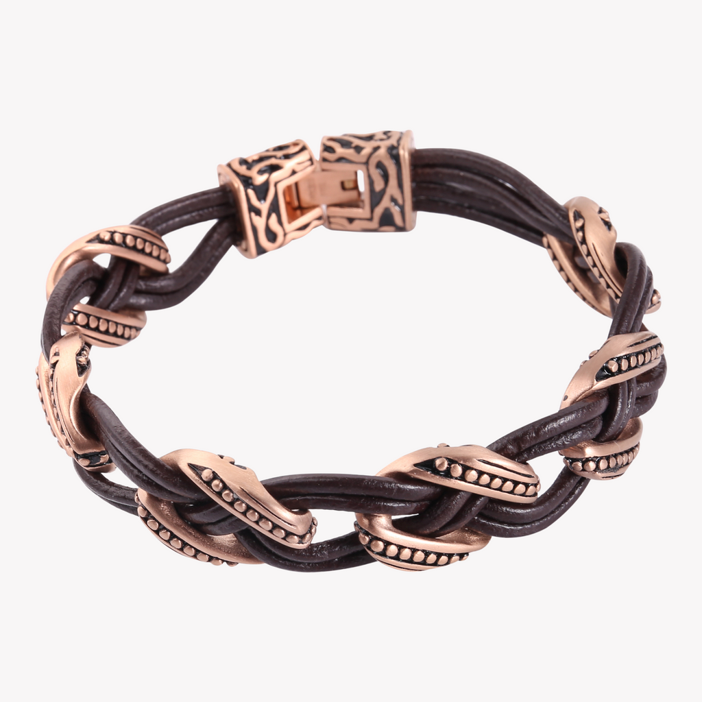 Zink Men's Brown & Rose Gold Leather & Stainless Steel Bracelet | Zjbc038108