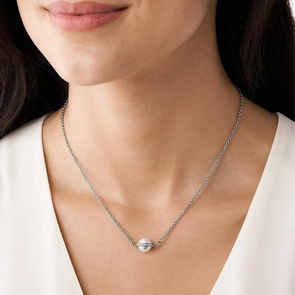 Emporio Armani Women's Silver Necklace, Mother of Pearl & Crystal Logo Pendant | EGS2837040