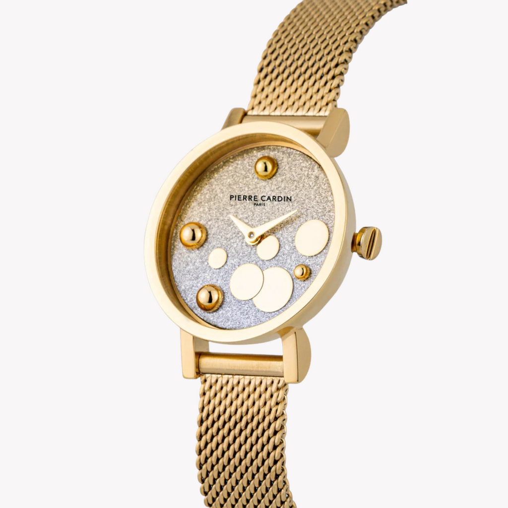 ساعة بيير كاردان للسيدات بهيكل ذهبي من الستانلس ستيل وسوار ذهبي من الستانلس ستيل