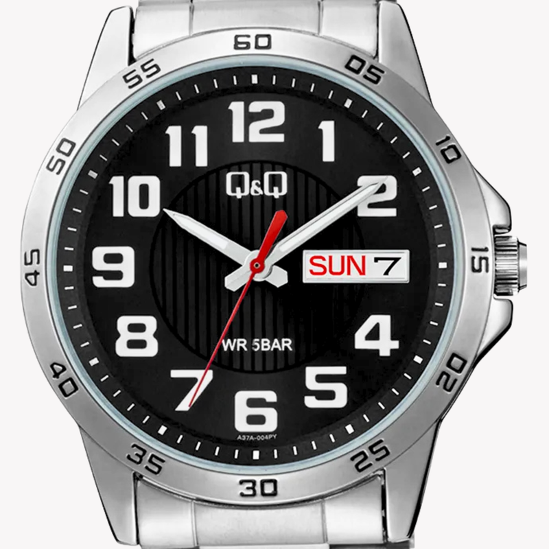Q&Q Men's Silver Watch, Black Dial | A37A-004PY