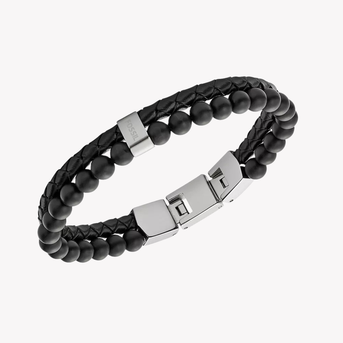 Fossil Men's Black & Silver Bracelet, Beaded Multi-Strand | JF02763040