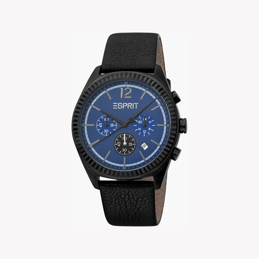 ESPRIT MEN'S STAINLESS STEEL TIMEPIECE - CLASSIC BLACK LEATHER & BLUE DIAL ELEGANCE