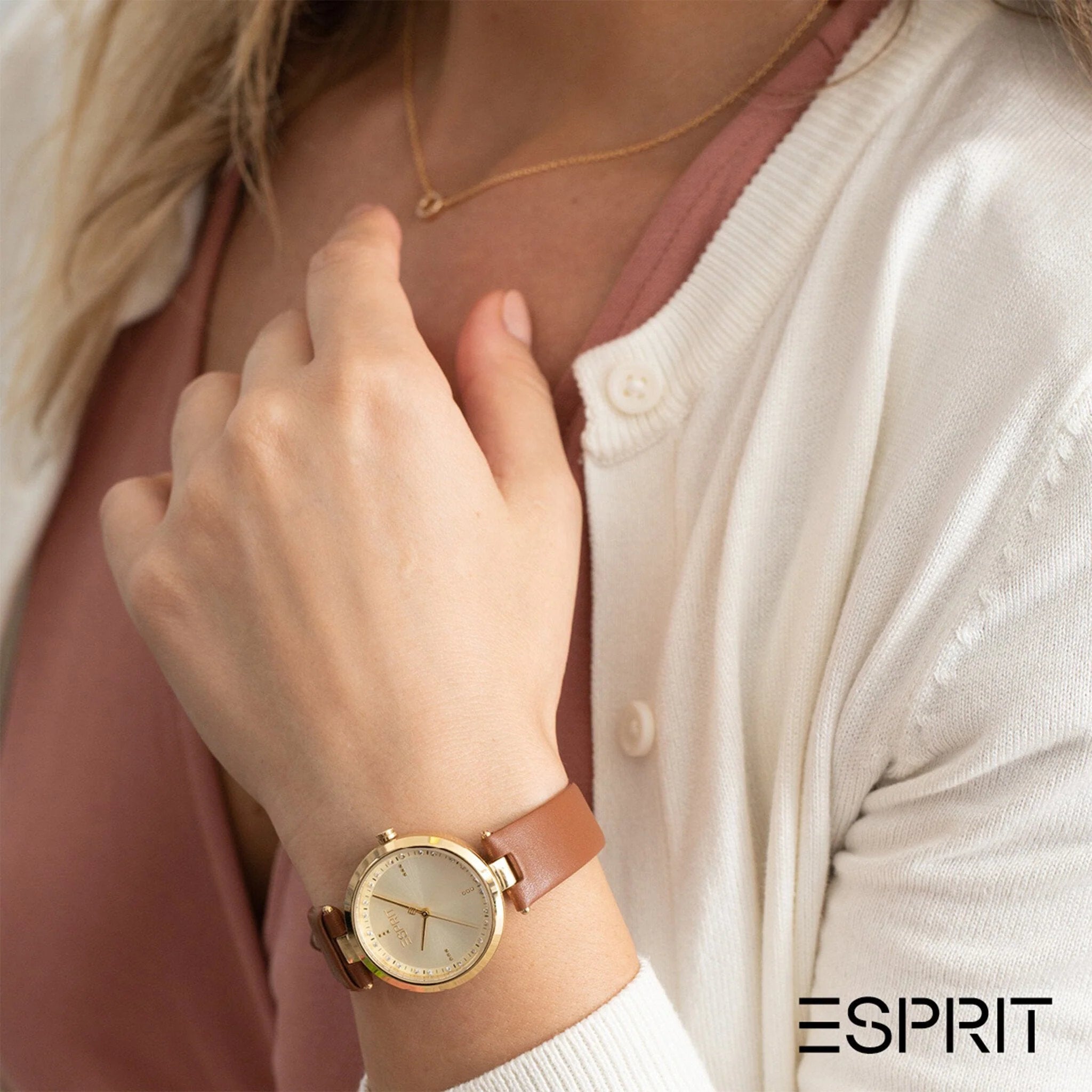 ESPRIT Women's Watch with Gold Stainless Steel Case and Brown Leather Band