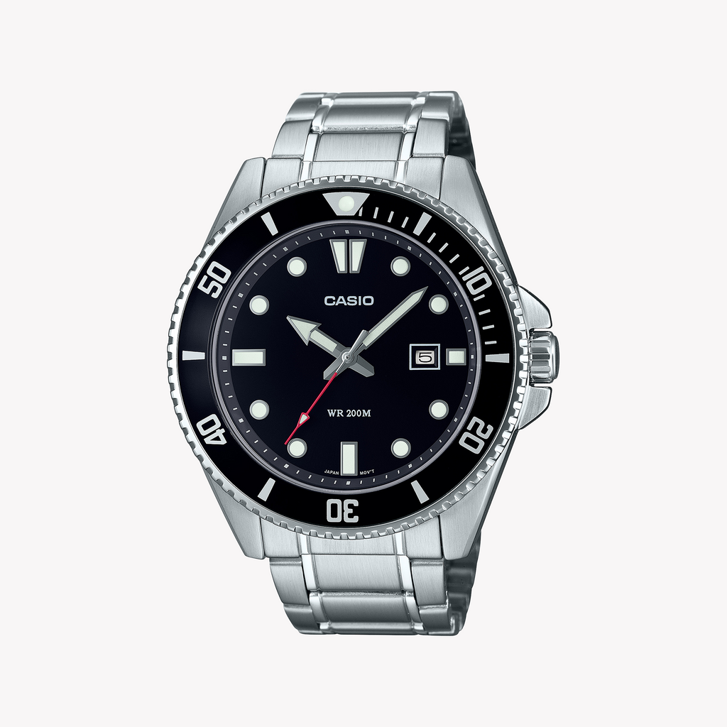 CASIO MDV-107D-1A1VEF - RUGGED ELEGANCE MEN'S DIVE WATCH WITH BLACK DIAL & STAINLESS STEEL BRACELET
