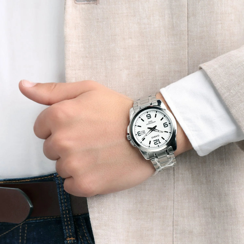 Casio Men's Silver Stainless Steel Watch, White Dial | Mtp-1314d-7av by i-watch