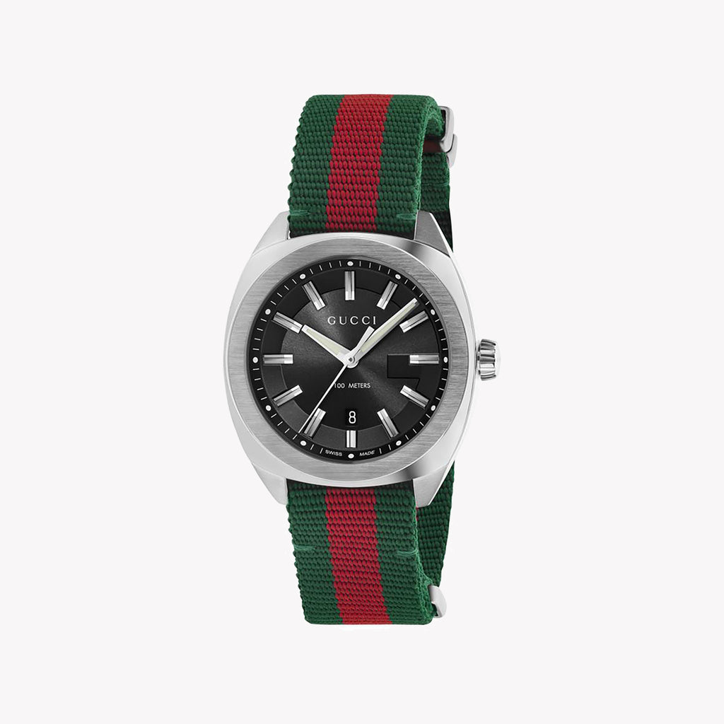 GUCCI YA142305 TIMEPIECE - MODERN LUXURY WITH STRIKING BLACK DIAL & GREEN-RED BAND