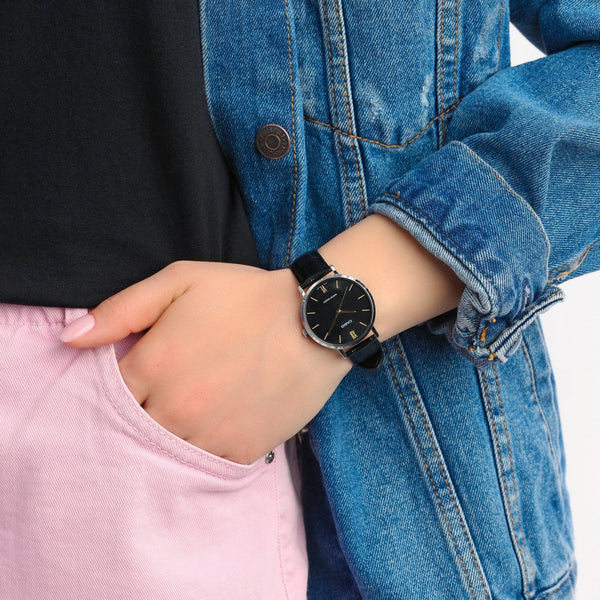 CASIO Women's Watch with Silver Stainless Steel Case and Black Leather Band-i-Watch-2