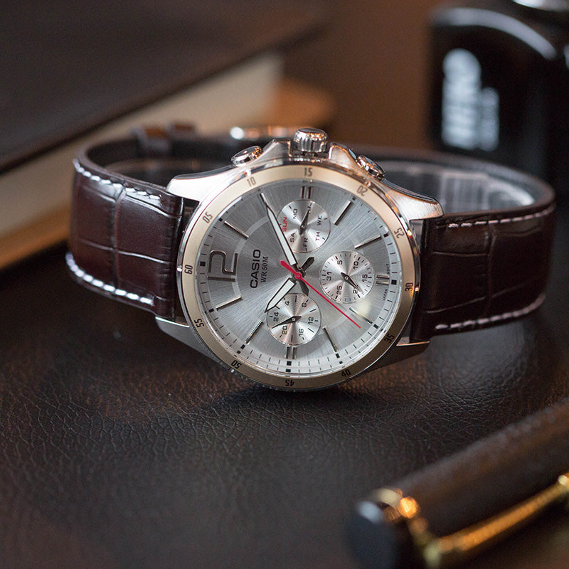 Timeless Elegance Men's Stainless Steel, Leather Strap | MTP-1374L-7AVDF