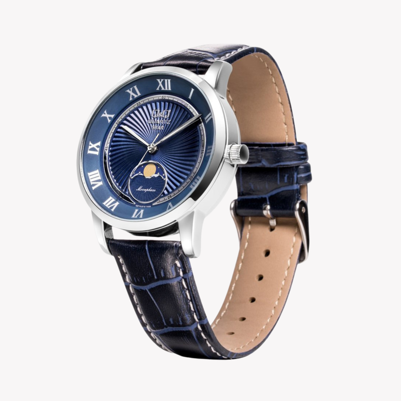 Q&Q Men's Silver Watch, Blue Dial with Moon Phase | QZ10J318Y