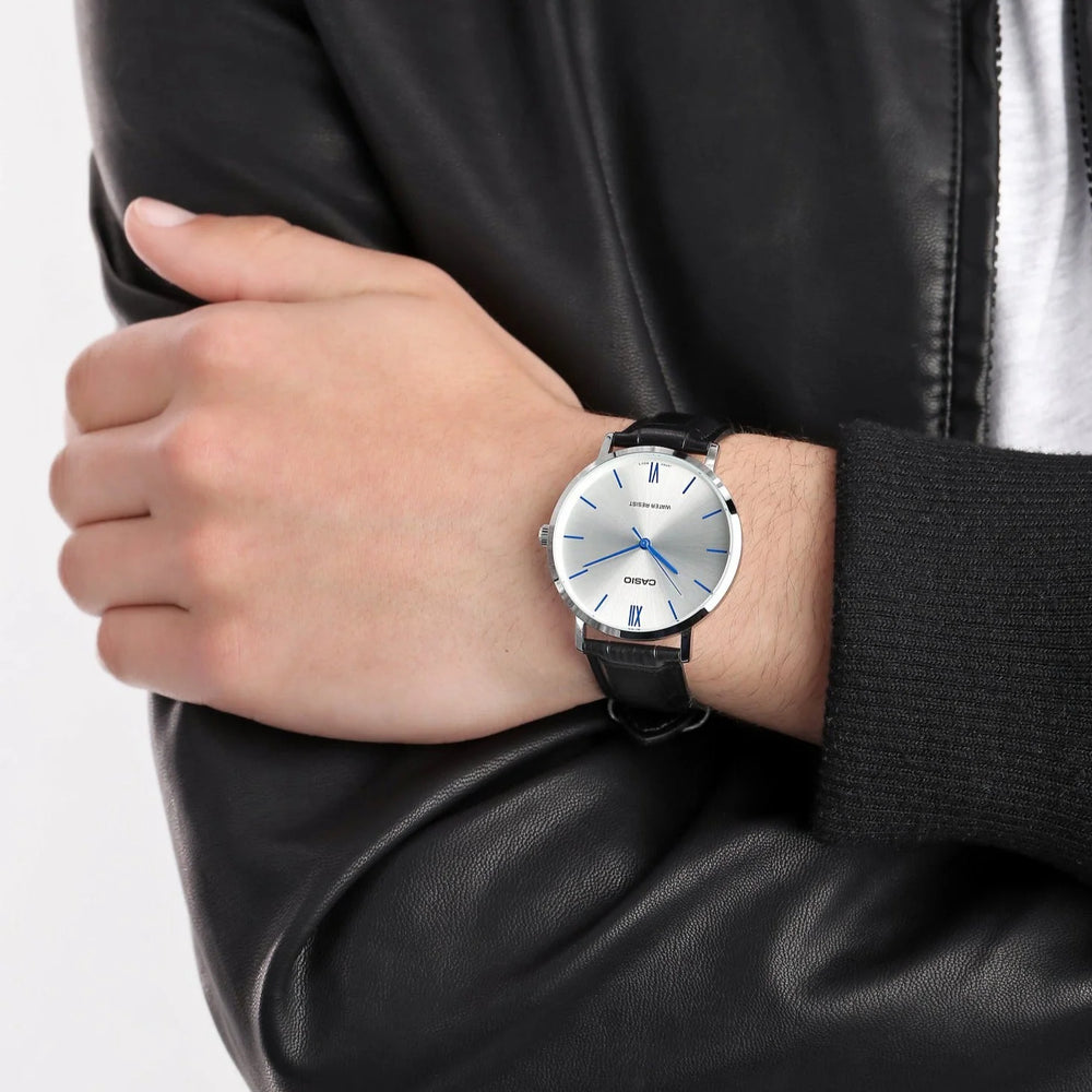 Casio Men's Silver Stainless Steel, Black Leather | Mtp-Vt01l-7b1 by i-watch