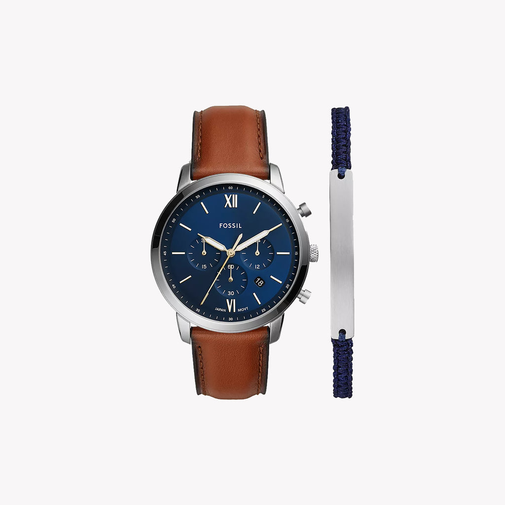 FOSSIL FS5708SET - ELEGANT TIMEPIECE - MEN'S CHRONOGRAPH WITH BLUE DIAL & BROWN LEATHER STRAP